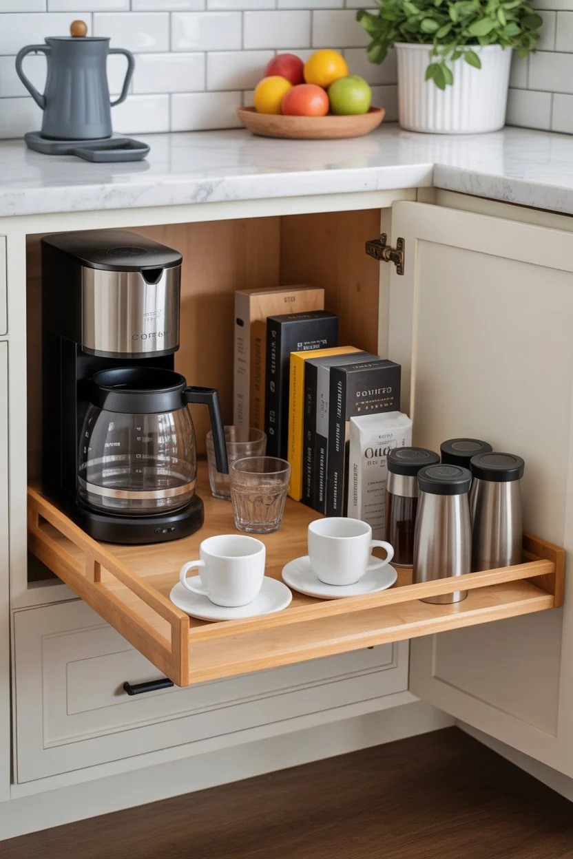 Pull-out coffee bar with hidden storage under cabinet