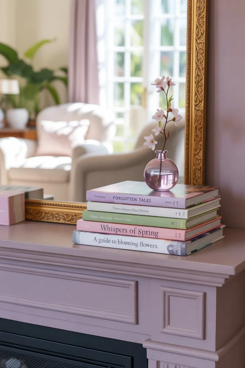 Stacked pastel-colored books on a fireplace mantel