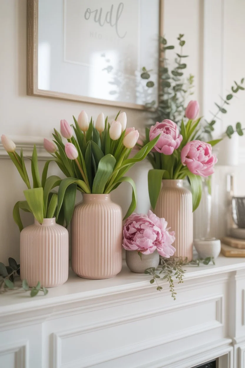 Spring mantel decorated with pastel ceramic vases and fresh flowers for a fresh and elegant fireplace look.