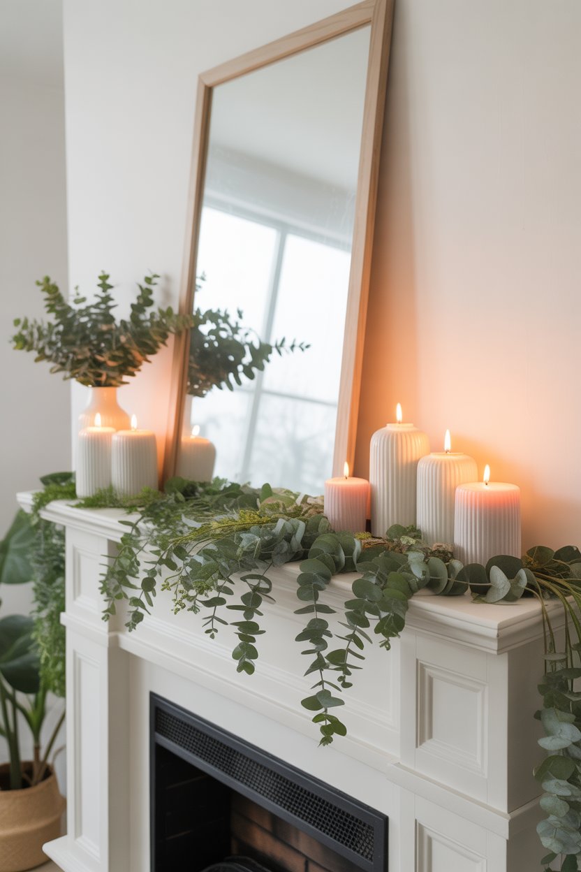 Spring greenery garland on a small Easter mantel