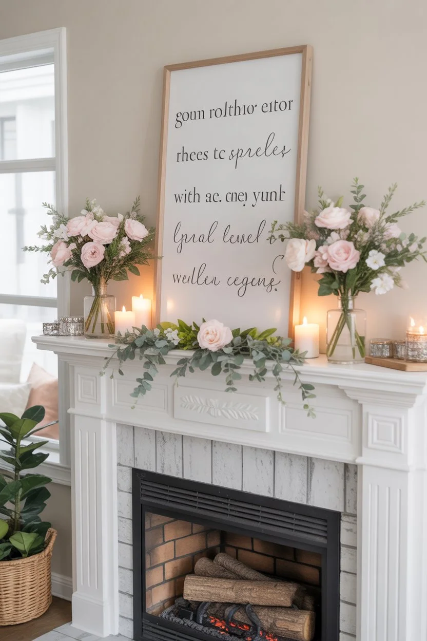 spring mantel decorated with a seasonal quote sign, flowers, and greenery for a fresh and elegant fireplace look