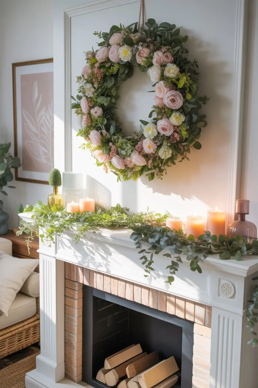 Spring mantel decorated with a statement pastel floral wreath above the fireplace and greenery accents for a fresh seasonal look.