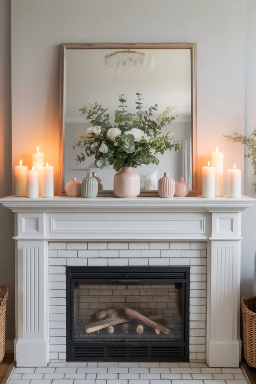 Spring mantel decorated with symmetrical candles and pastel accents for a balanced and elegant fireplace look.