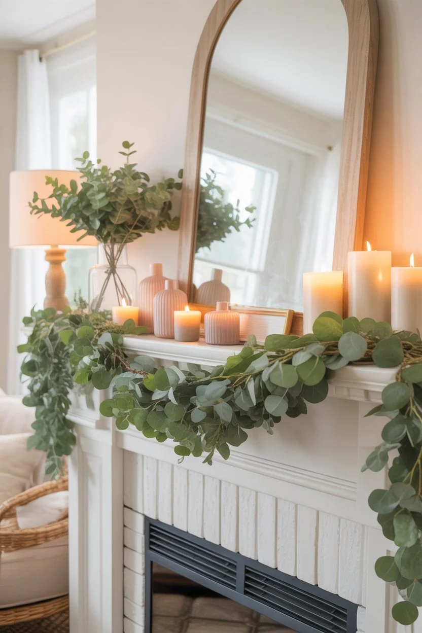 Spring mantel decorated with eucalyptus greenery garland and pastel accents for a fresh and elegant fireplace look.