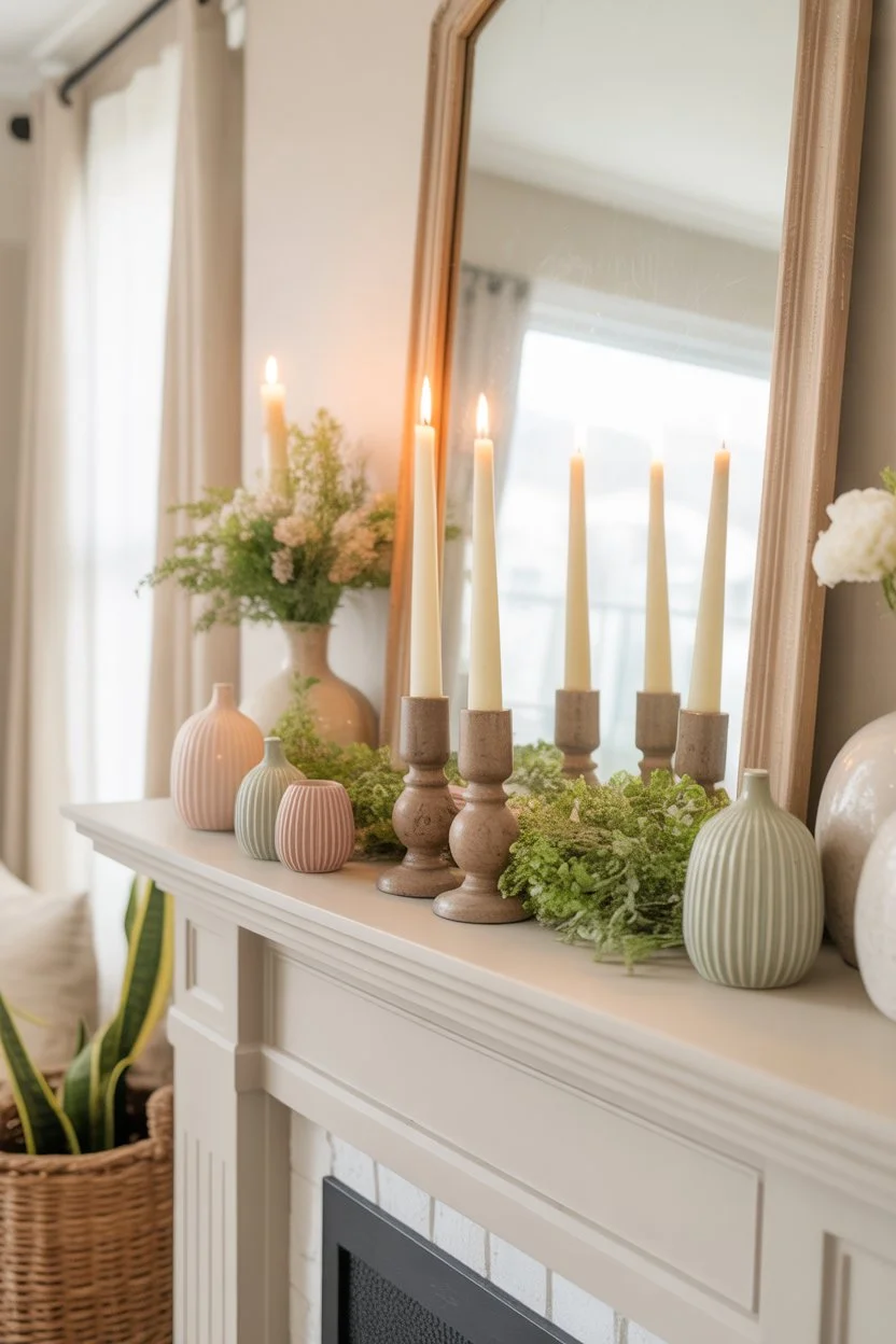 Taper candles in rustic holders on a farmhouse spring mantel with flowers and greenery for a cozy and inviting fireplace look