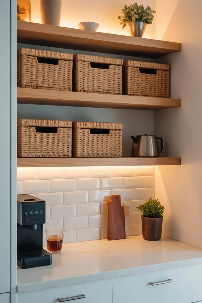 Coffee bar with floating shelves and hidden storage