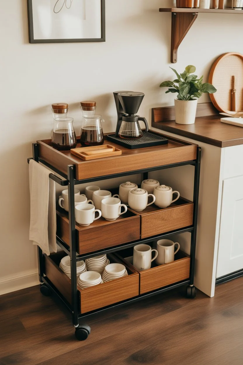Coffee cart with hidden storage compartments