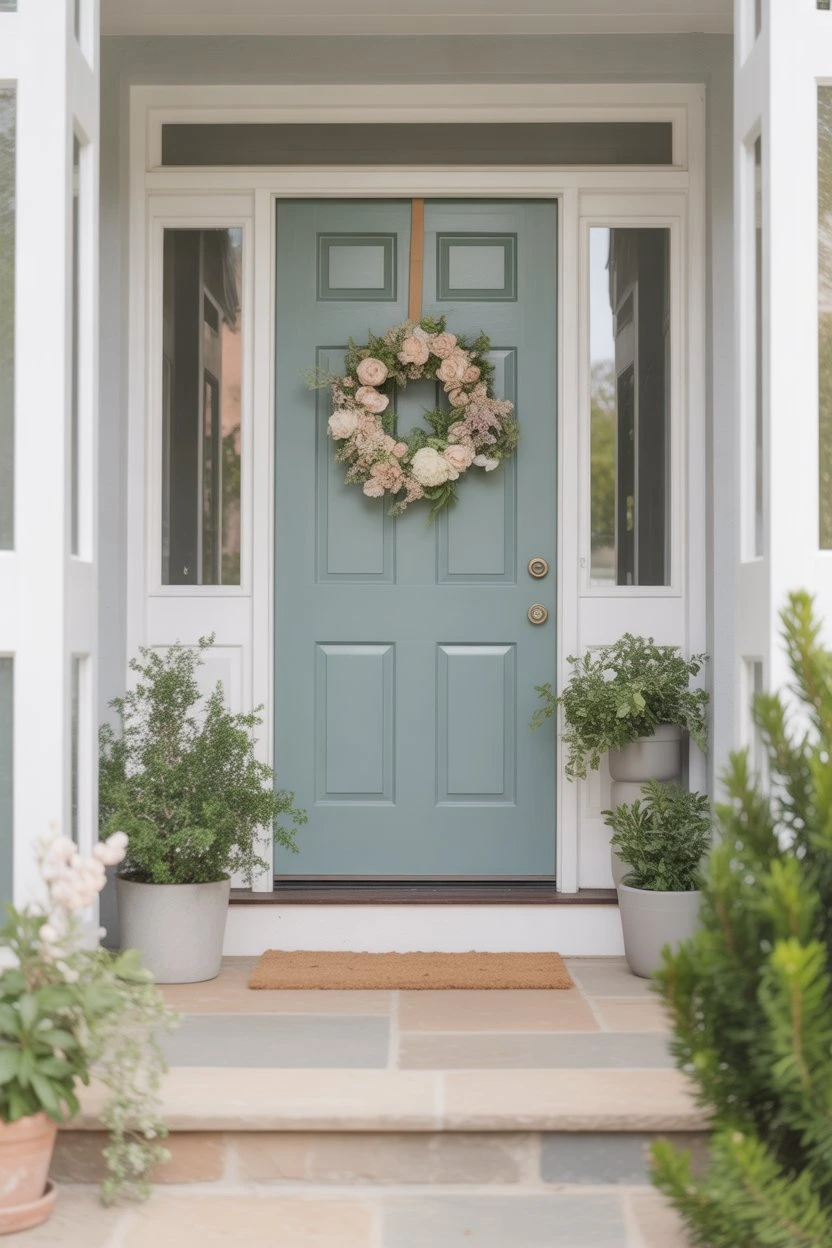 Sage green front door with spring floral wreath