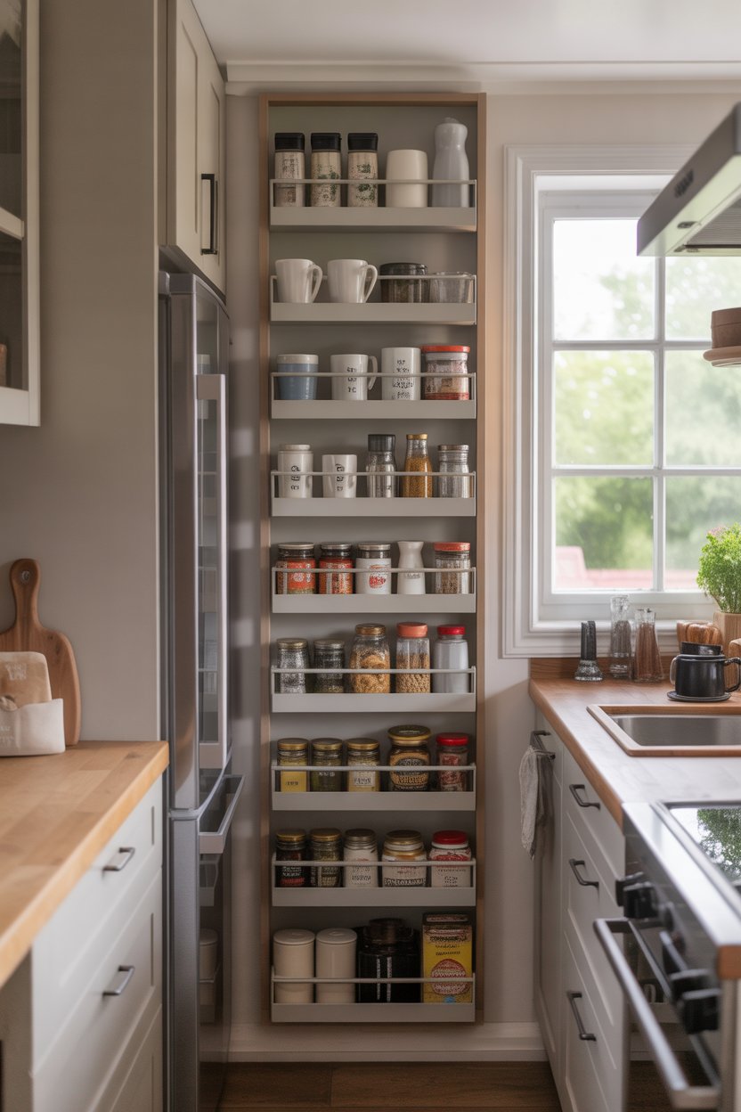 Tall narrow kitchen cabinet placed between refrigerator and wall in a small farmhouse kitchen with vertical storage shelves for mugs and jars