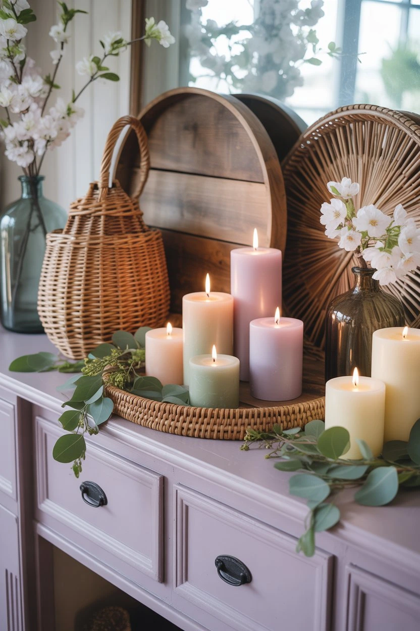 Fireplace mantel with wicker baskets and wooden accents
