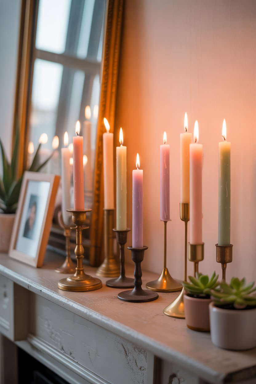 Tiered pastel candle display on small Easter mantel