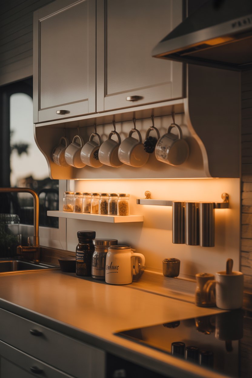 Under-cabinet kitchen storage with hanging mugs, floating shelves for jars, and warm LED strip lighting in a small modern kitchen