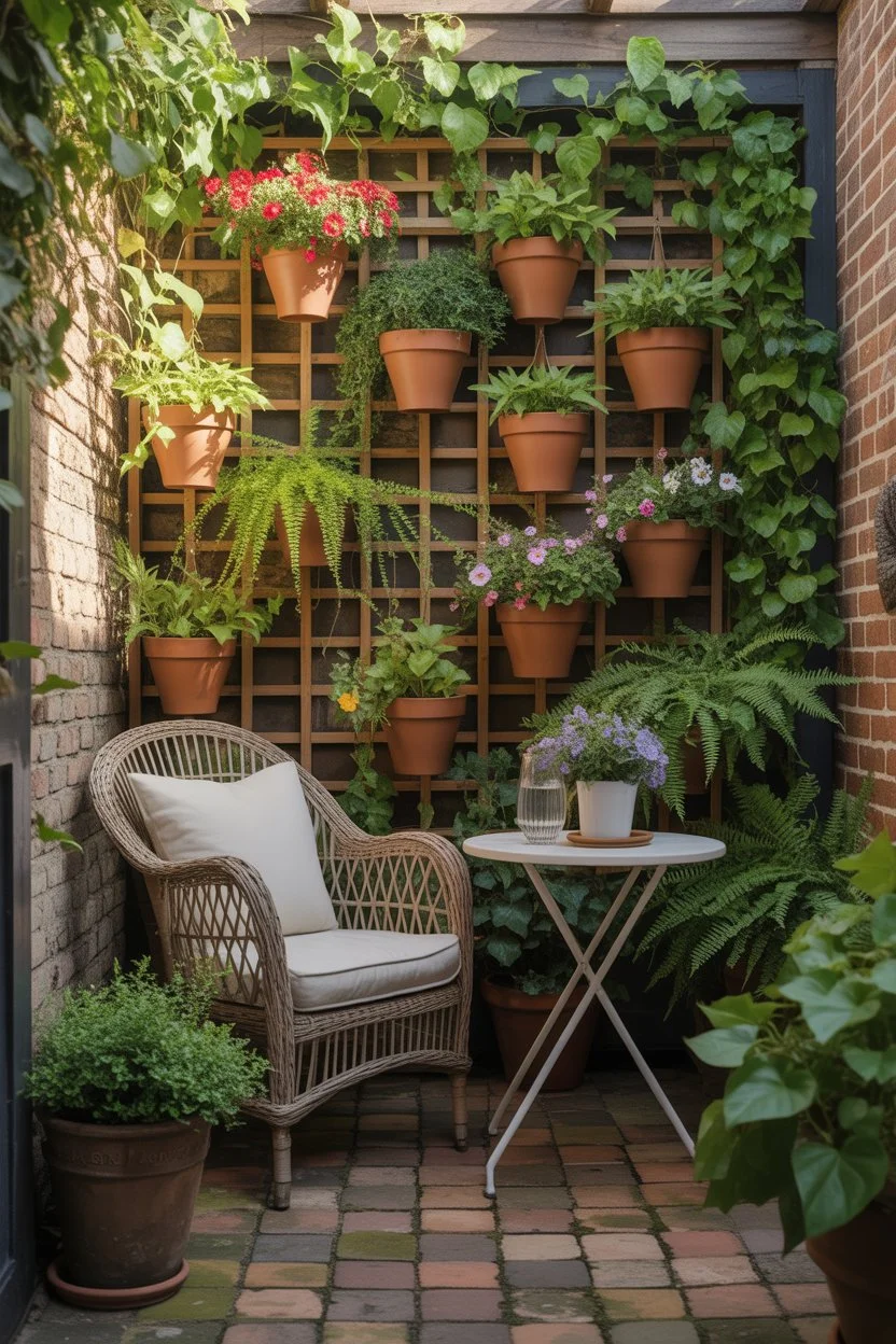 Vertical garden on a small patio with plants.