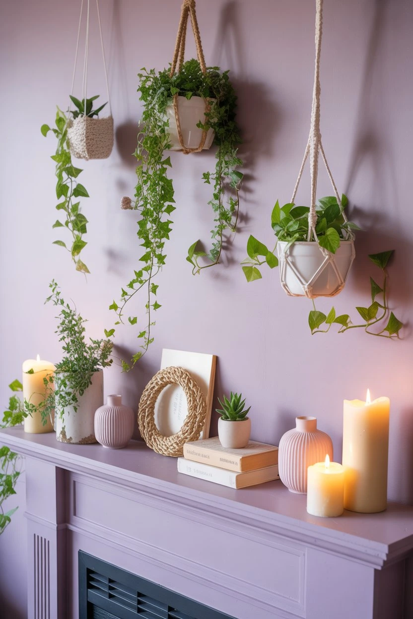 Mantel with mini hanging planters above