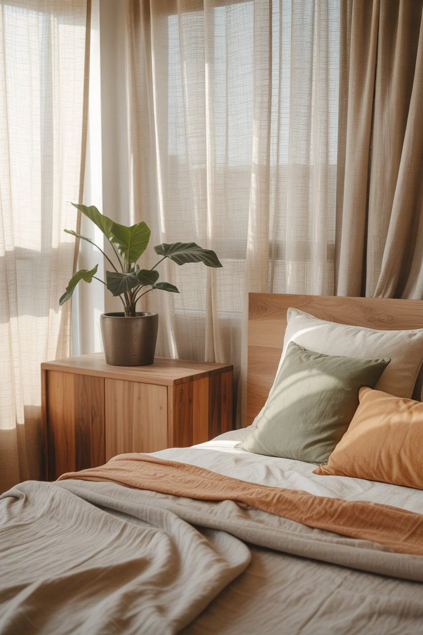 Rustic bohemian bedroom with indoor plants and natural light
