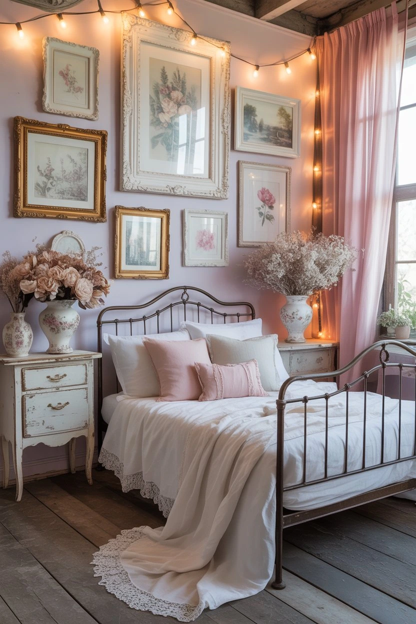 Shabby chic bedroom wall with vintage frames and pastel artwork