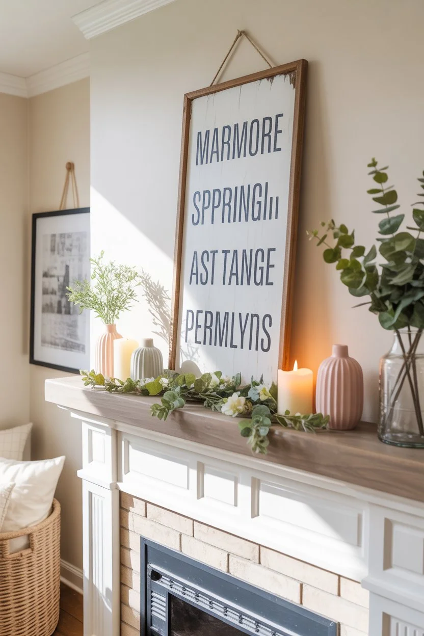 Vintage-inspired mantel sign on a farmhouse spring mantel with seasonal accents for a cozy and inviting fireplace look