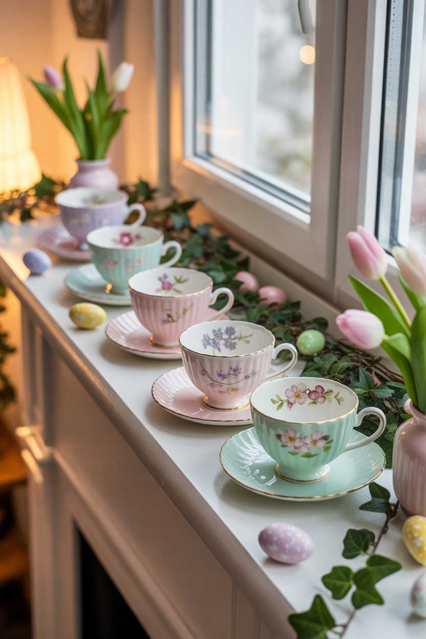 Vintage teacup floral display on small Easter mantel decor