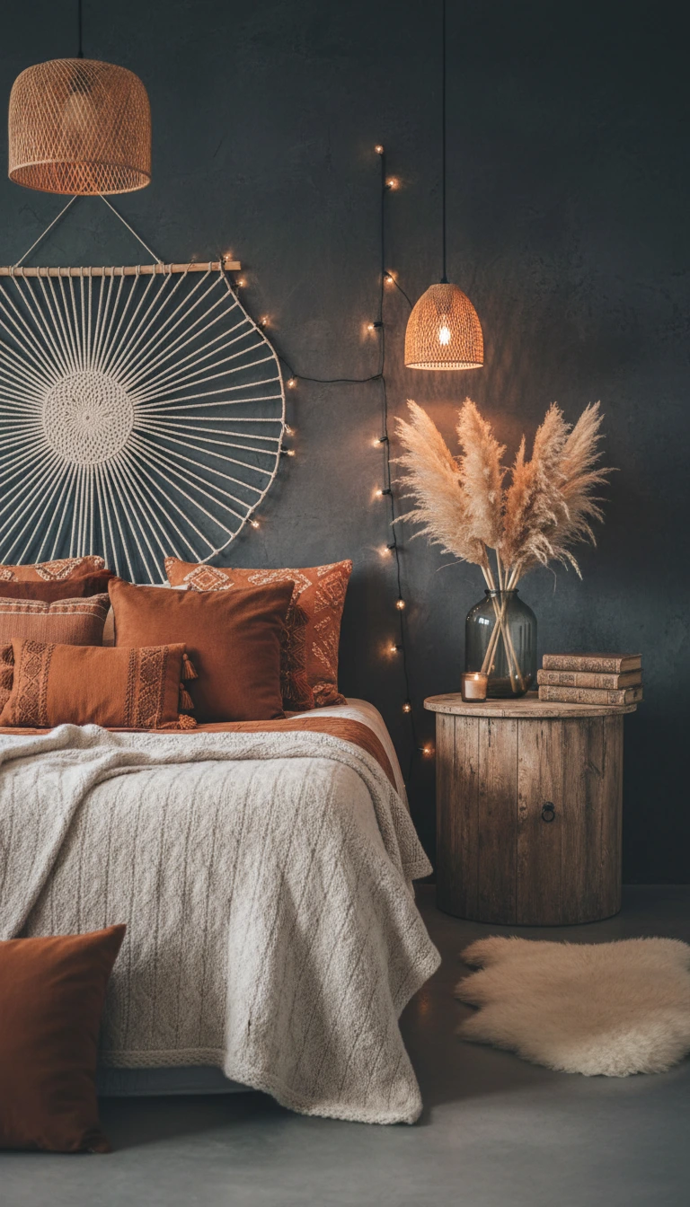 Dark bohemian bedroom with rust pillows and earthy decor