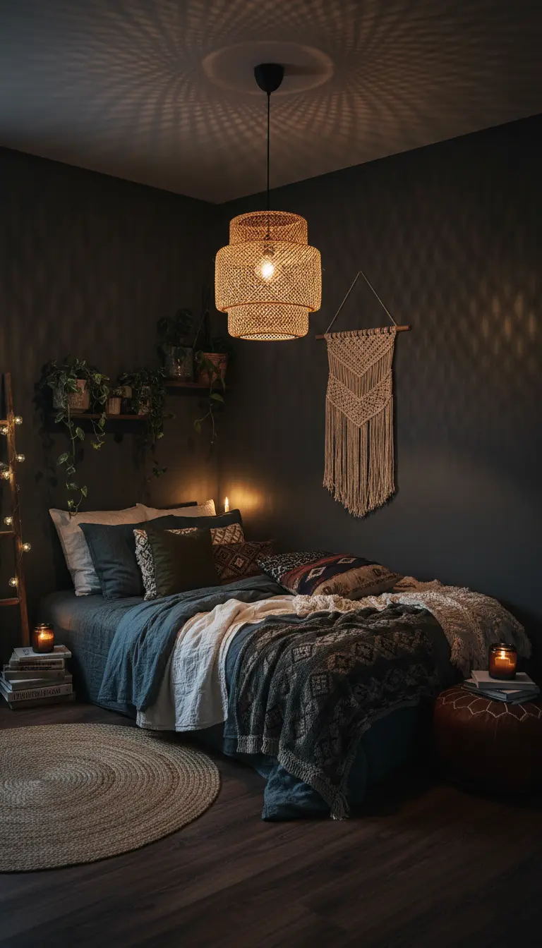 Woven pendant light in dark bohemian bedroom