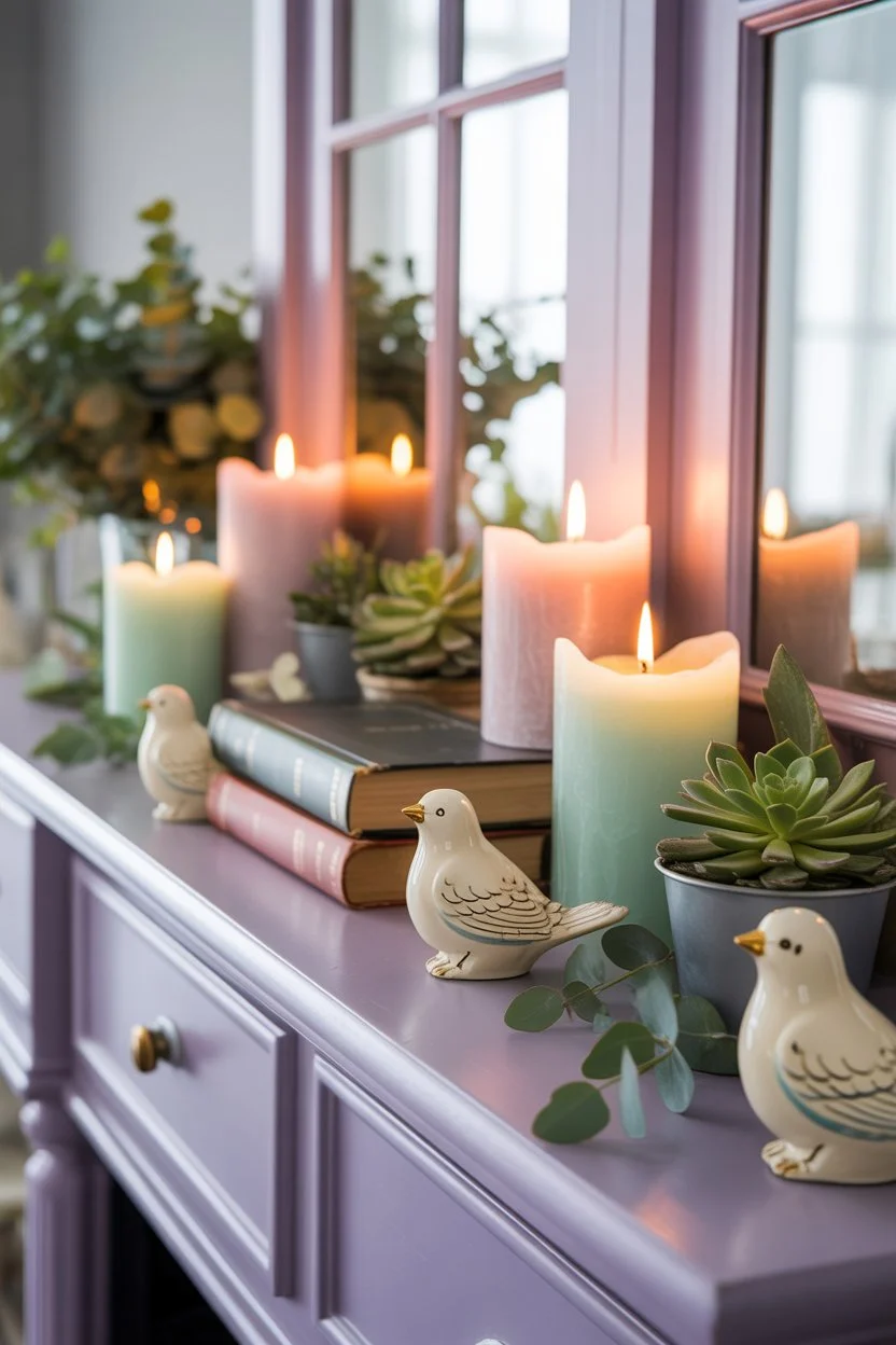 Fireplace mantel with ceramic birds and pastel accents