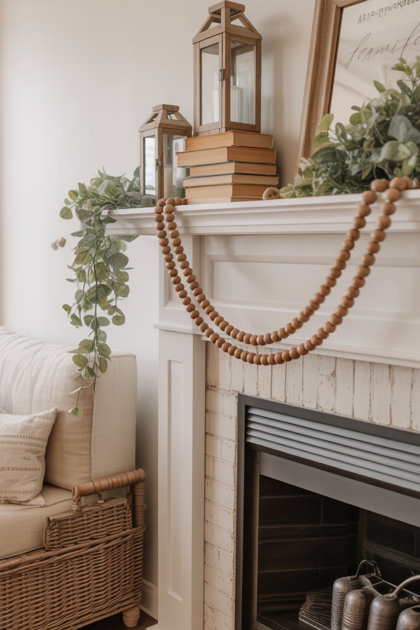 Wooden bead garland styled on rustic farmhouse Easter mantel
