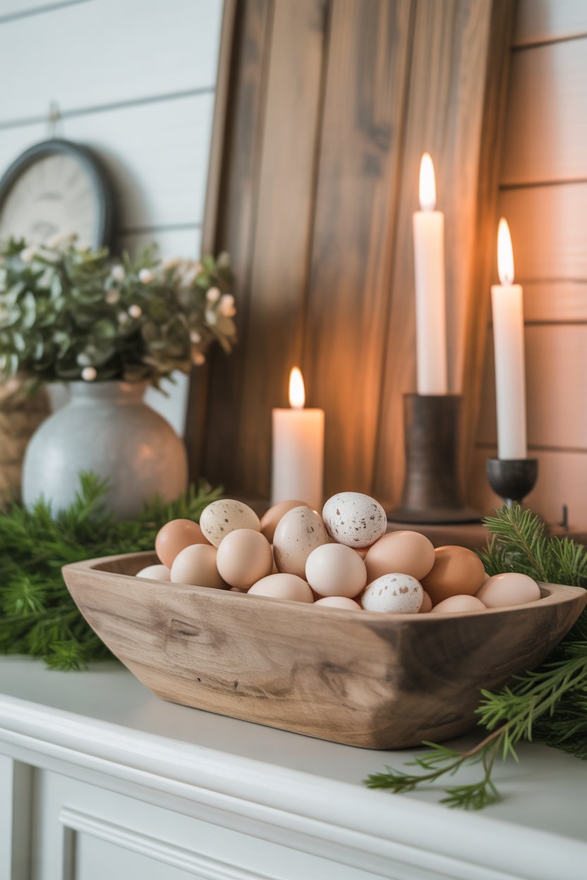 Wooden dough bowl with neutral Easter eggs on farmhouse mantel