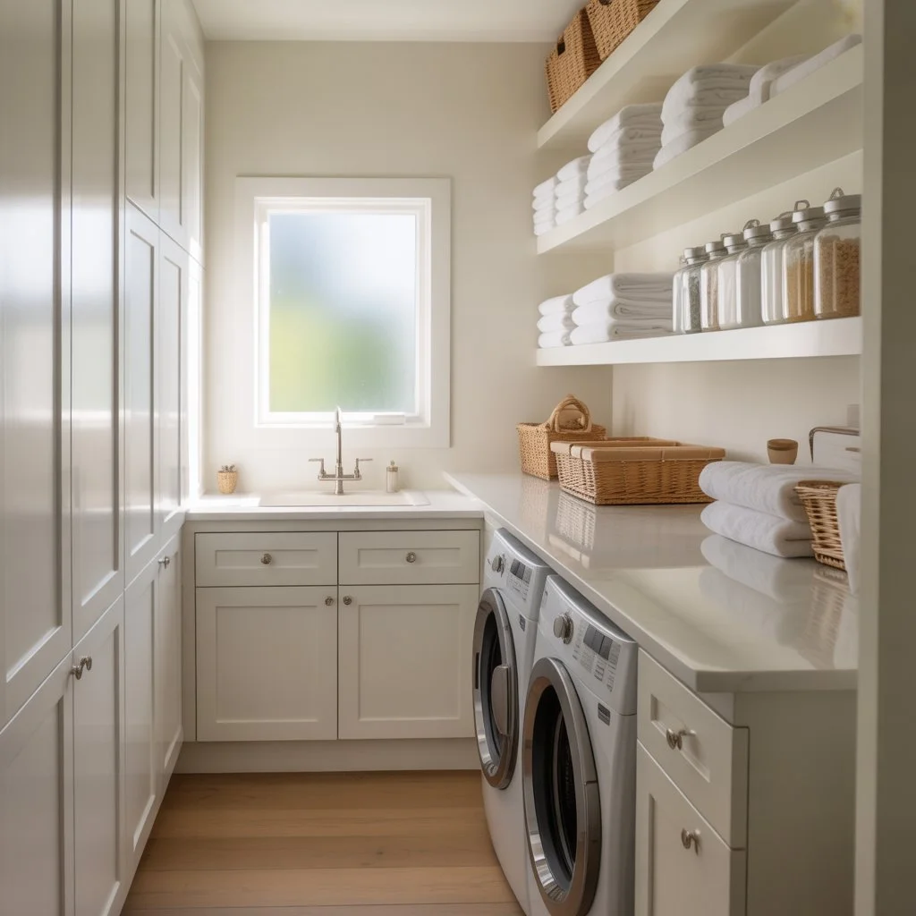 Modern minimalist cabinet design with clean lines in a small laundry room