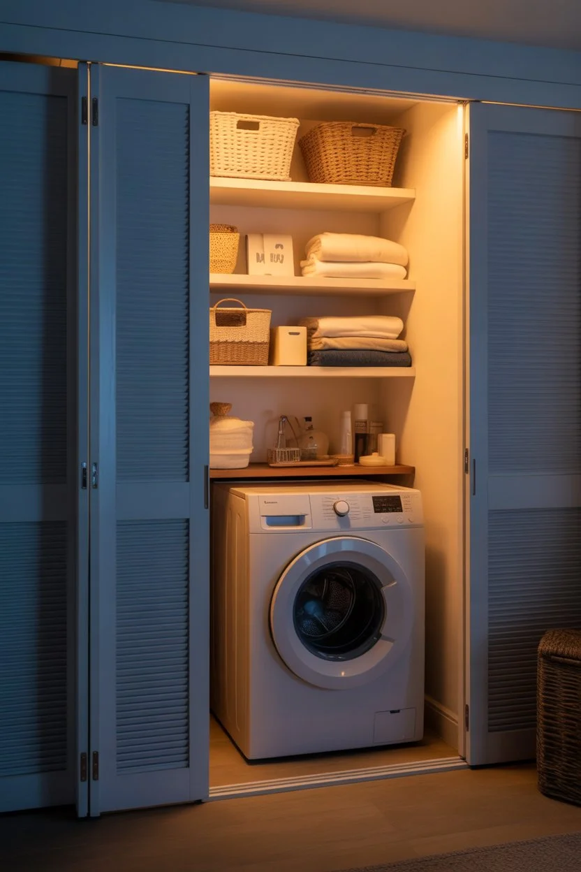 Laundry closet setup with top-load washer and storage shelves
