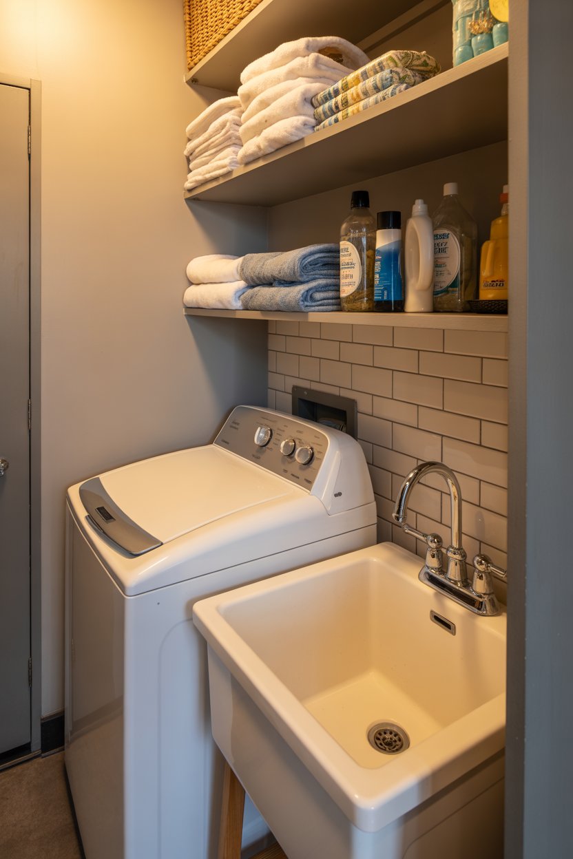 Foldable wall-mounted drying rack in small laundry room
