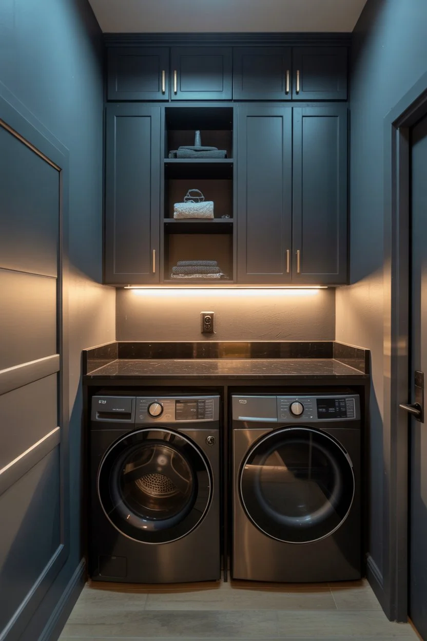 Cabinets above washer and dryer in a small laundry room