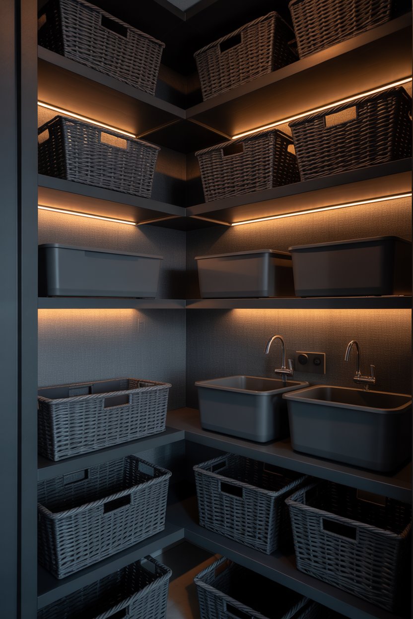 Black aesthetic laundry room with matching storage baskets and bins, warm LED lighting creating a cozy organized night view.