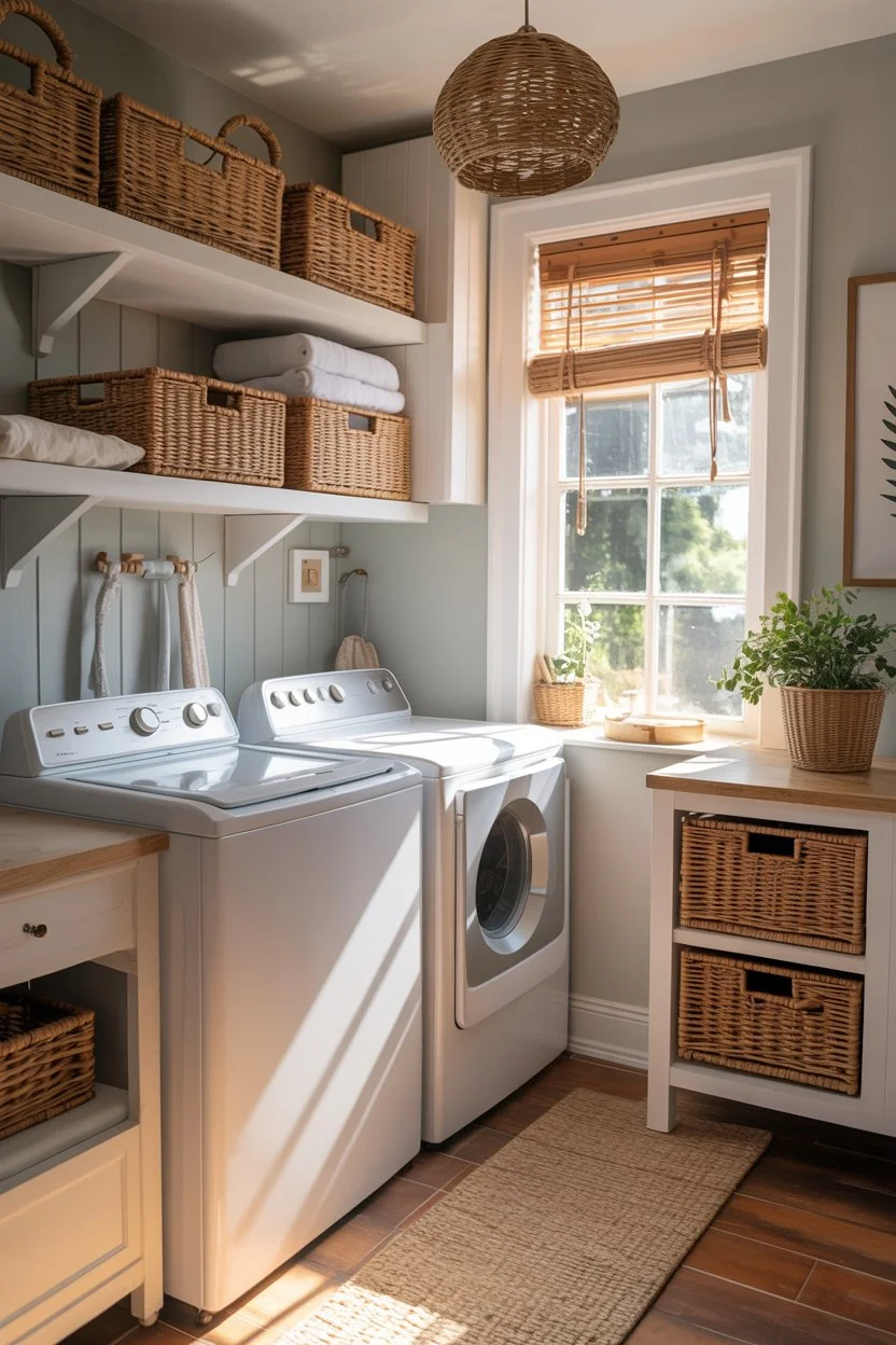 Open shelves above top-load washer in small laundry room