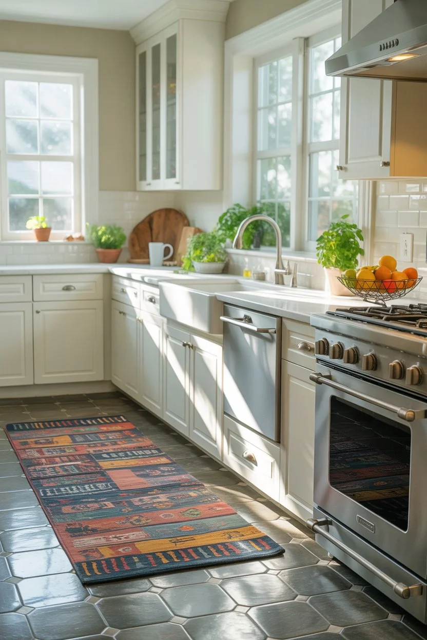 Bright white kitchen interior with a colorful patterned rug, combining farmhouse charm and modern kitchen rug ideas