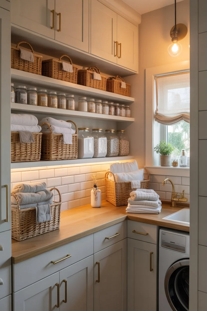 Built in laundry room cabinets combined with open shelving for easy access
