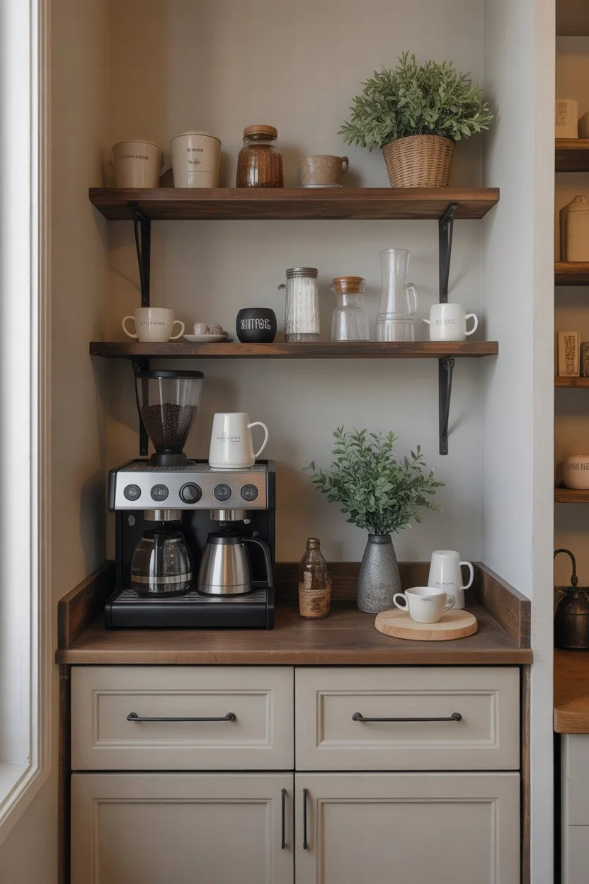 Built-in coffee bar with open shelves and hidden storage drawers