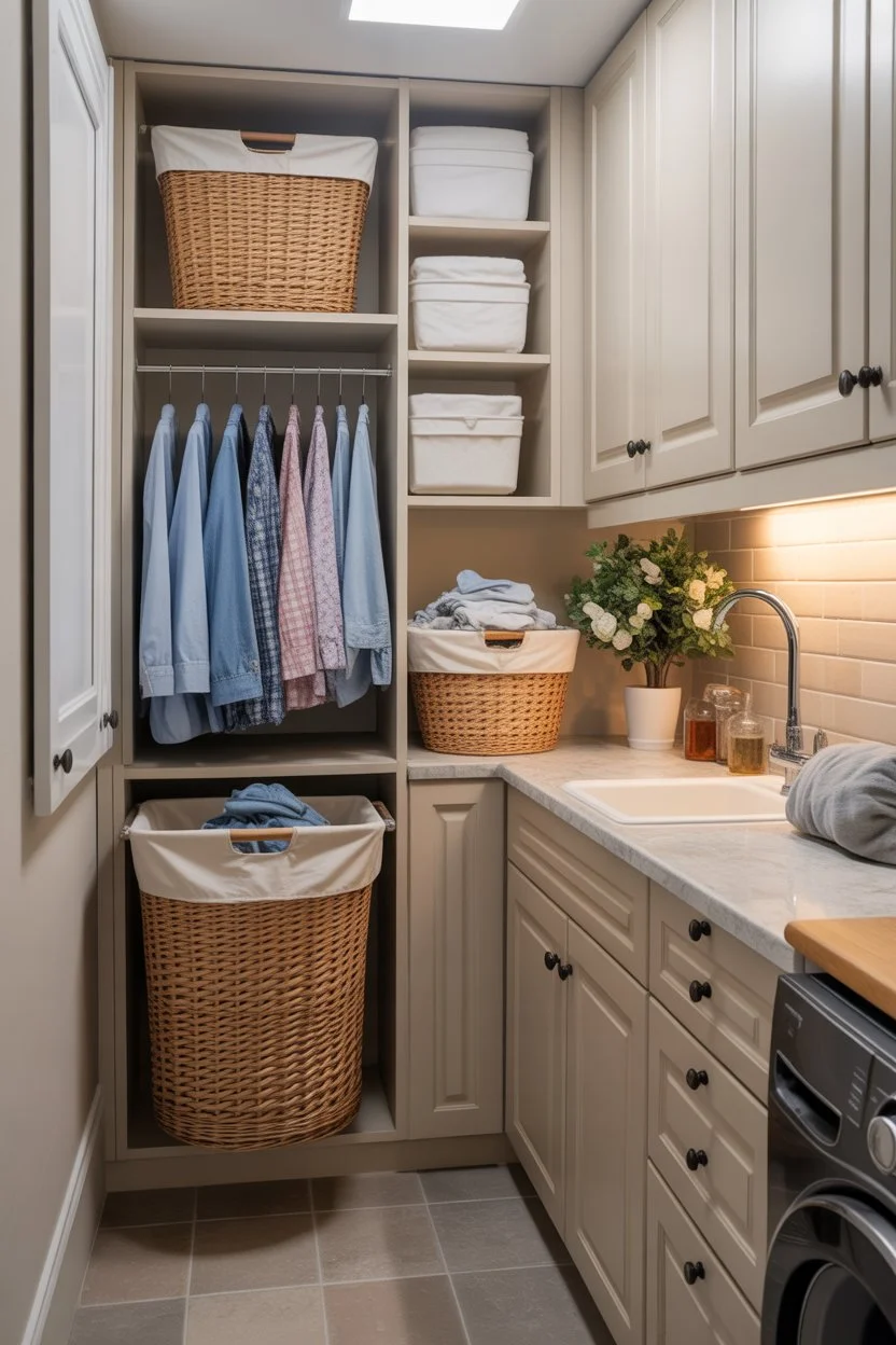 Laundry room cabinets with built in pull out hampers for organization