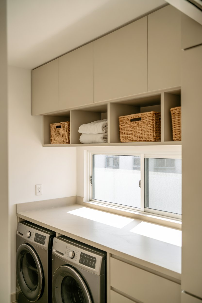 Upper cabinets installed above washer and dryer in a compact laundry room
