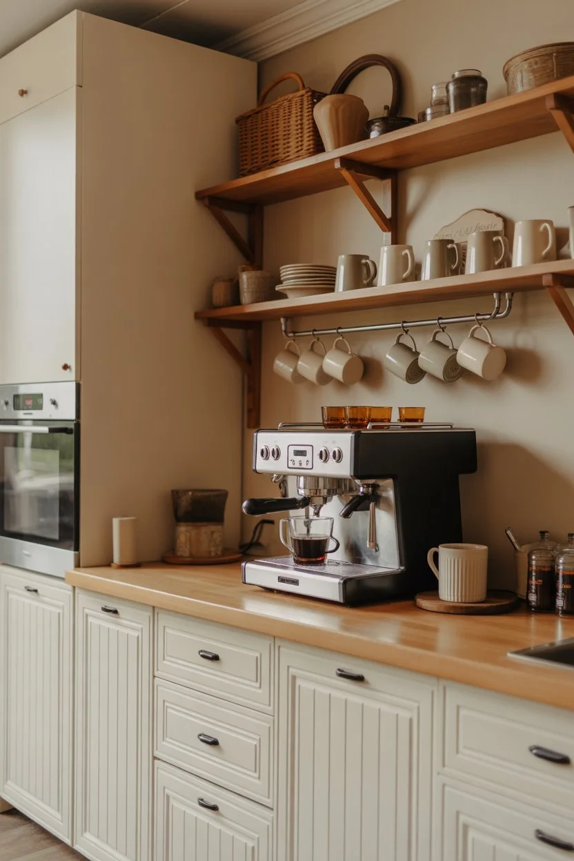 Classic farmhouse coffee bar with espresso machine and white cabinets