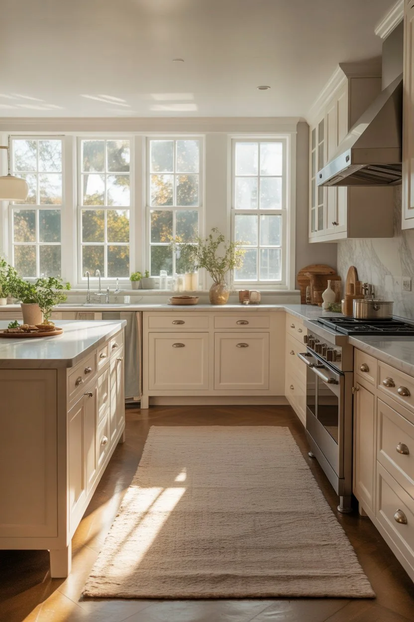 Classic white kitchen with warm wooden flooring and a soft neutral rug, perfect for cozy farmhouse kitchen decor inspiration