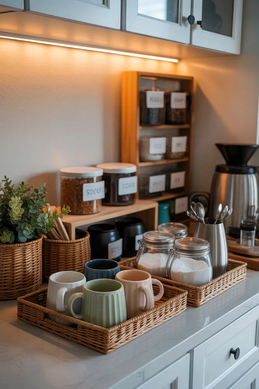 Clutter-free coffee bar with trays and baskets