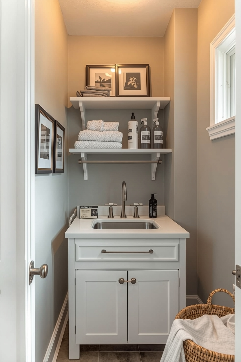 Compact laundry room with corner sink and open shelves