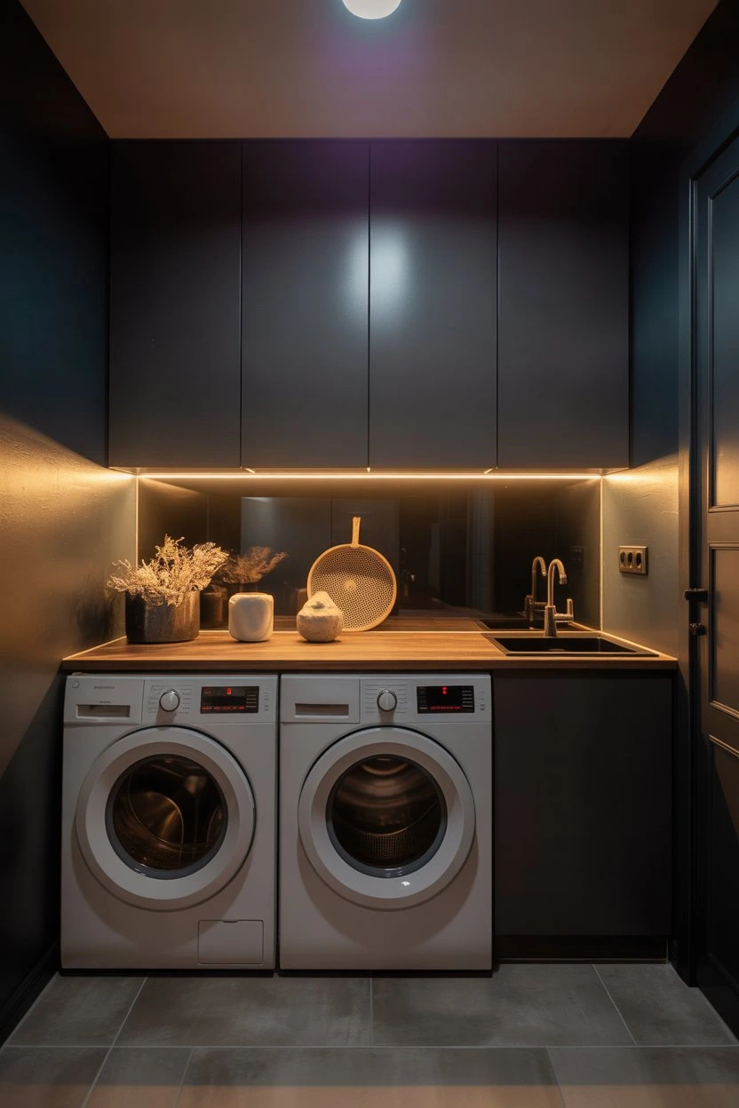 Small laundry room with rolling storage cart, wall shelves, and organized cleaning supplies