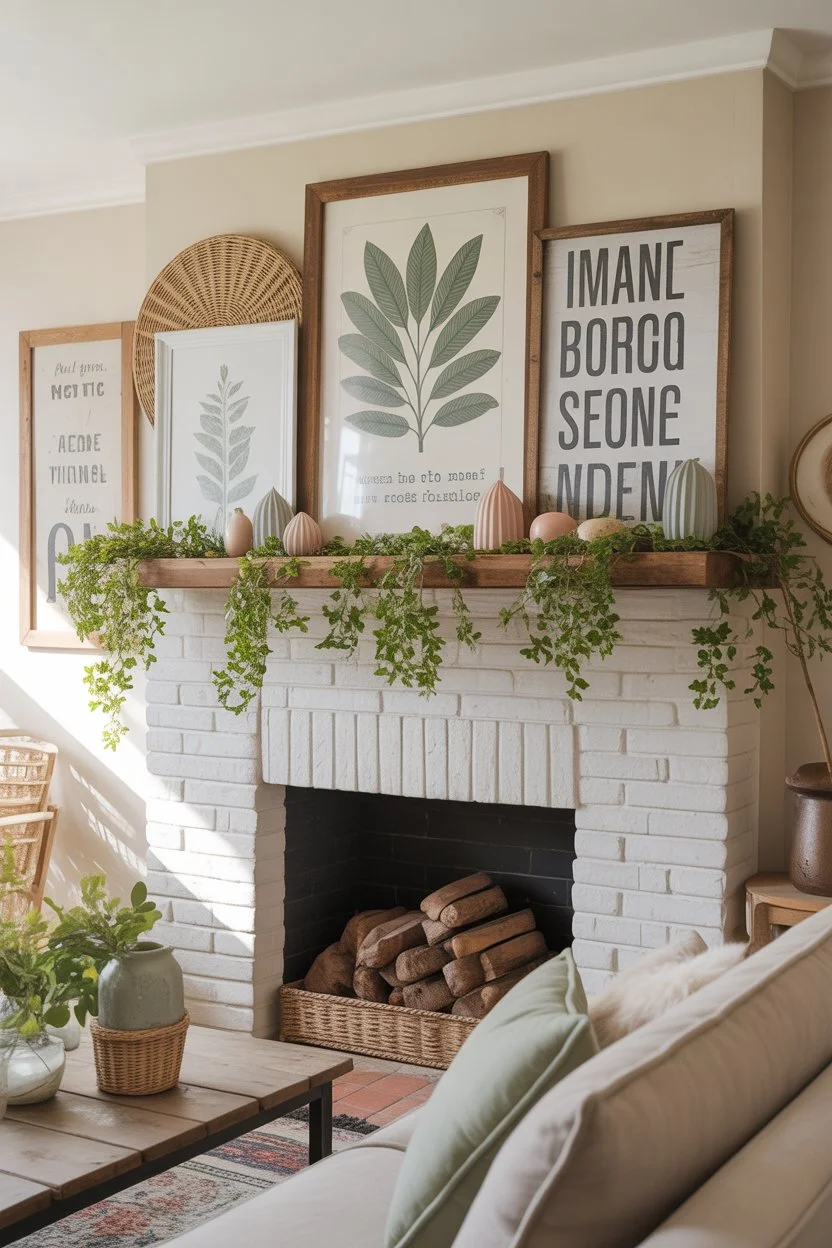 Layered rustic farmhouse artwork on a spring mantel for a cozy and inviting fireplace look