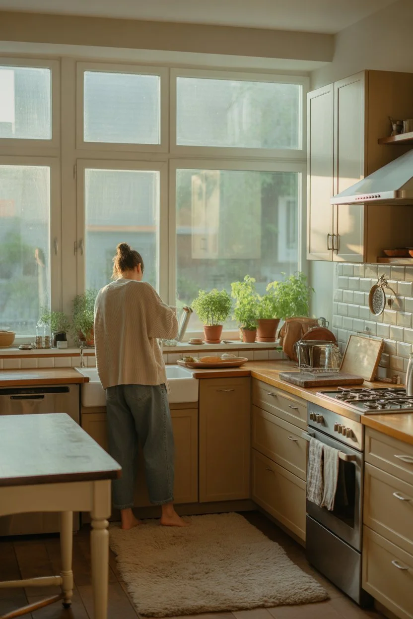 A cozy kitchen interior with natural sunlight, indoor plants on the window sill, and a calm morning lifestyle vibe, perfect for modern cozy home inspiration