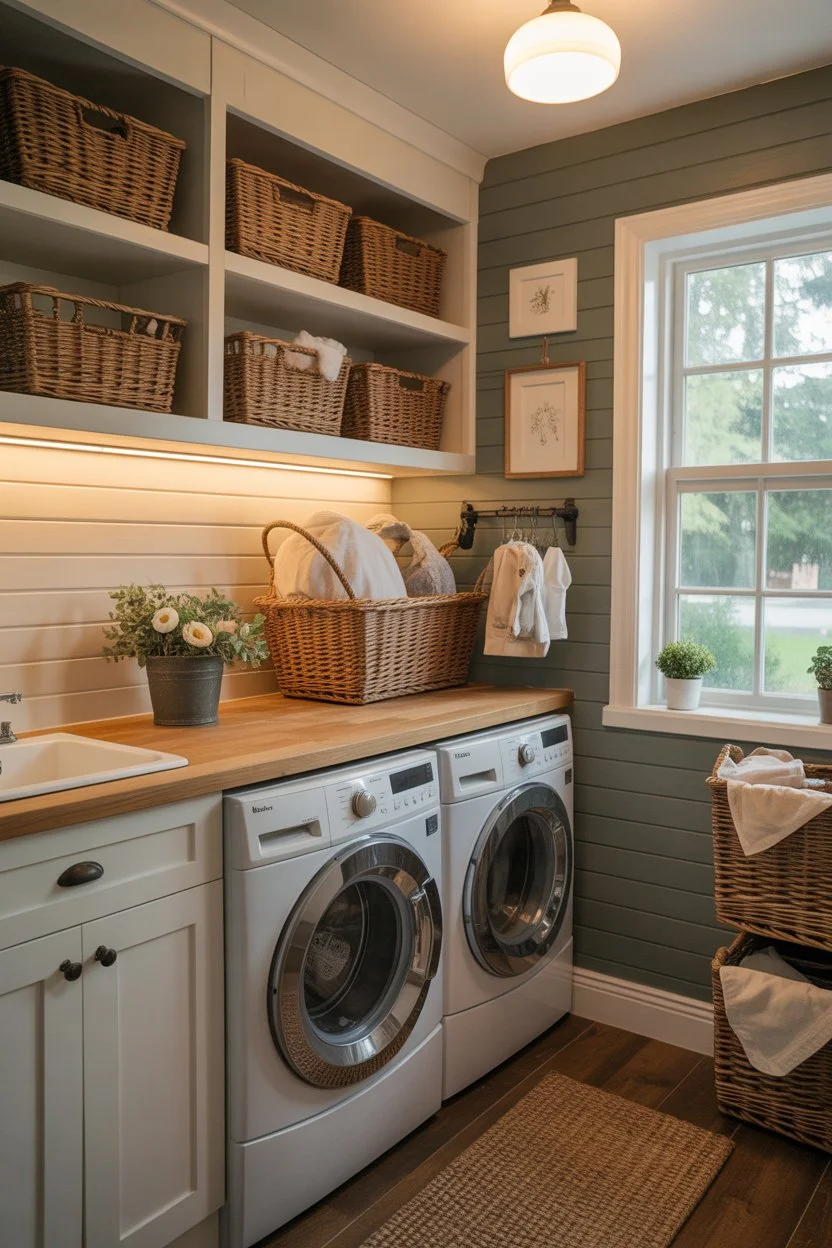 Cozy farmhouse style cabinets adding warmth to a small laundry room