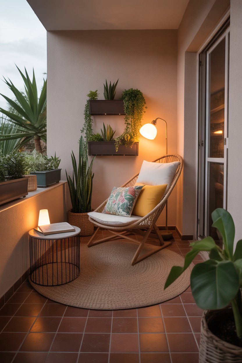 Cozy reading nook with a chair, side table, cushions, and surrounding plants.