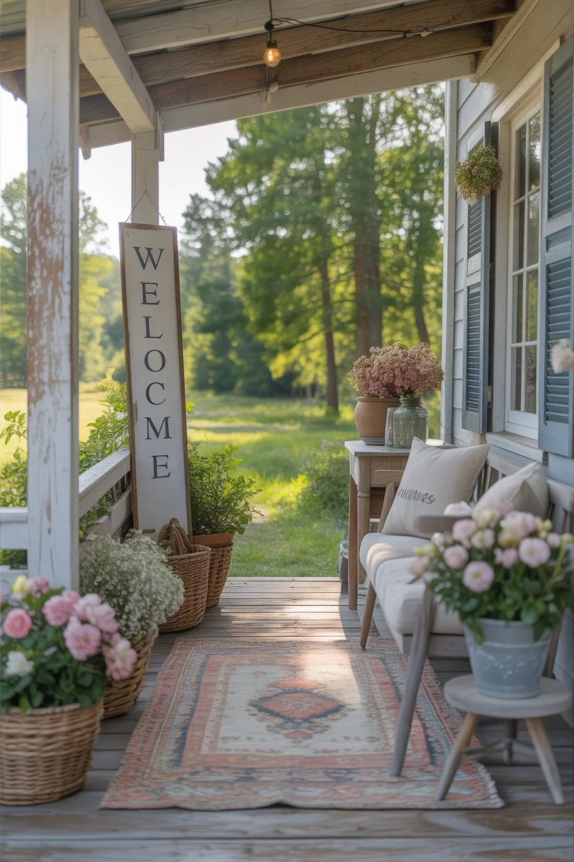 Rustic porch with vertical welcome sign
