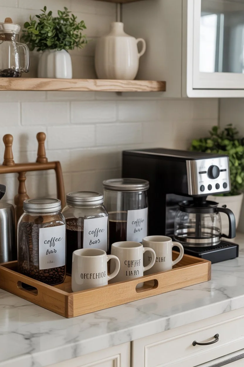 Farmhouse countertop coffee bar with jars mugs and compact storage
