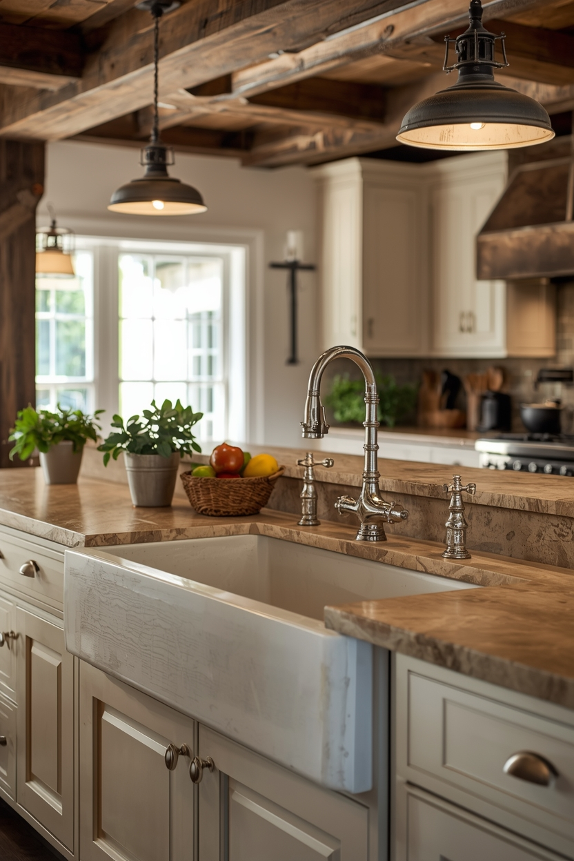 Farmhouse kitchen sink with apron front and rustic interior